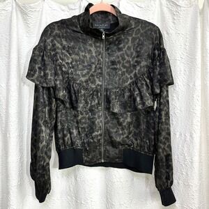 Leopard Print Bomber Jacket Medium Ruffle Zip Up  Statement Whimsigoth‎ Festival